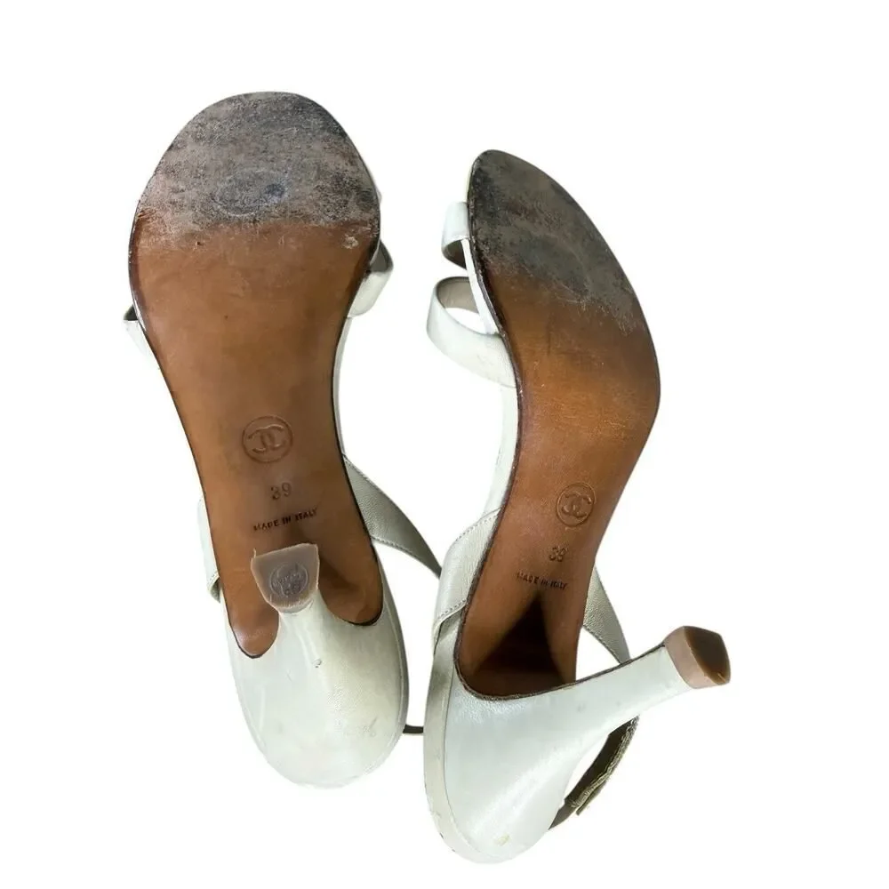 Chanel Ivory Leather Slingback Heels Logo Strap Sandals EU 39 US 8.5
